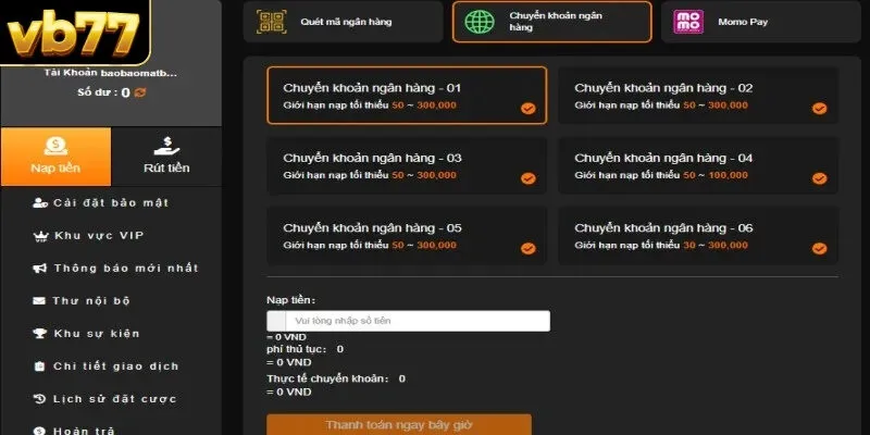 Chi tiết các bước nạp tiền VB77